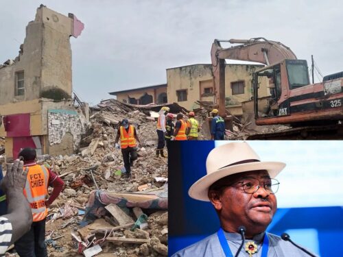 Abuja collapsed building site with rescue teams